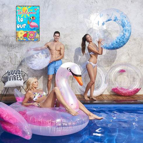Welcome to Our Pool Tin Sign, Swimming Pool Metal Decor Gifts for Summer Garden, 12x8 Inch (Flamingo Pool)