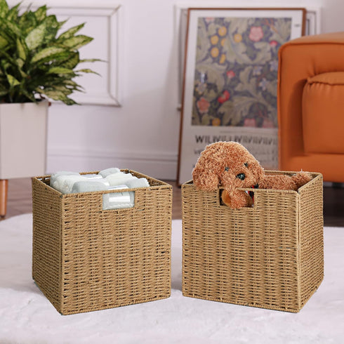 Vagusicc Wicker Storage Basket, Set of 2 Hand-Woven Baskets with Handles, 9 inch Foldable Cube Storage Bins for Pantry