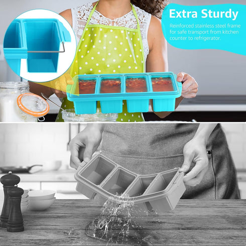 Silicone Freezer Tray with Lid, Large Ice Cube Tray, 4-Pack Silicone Container for Freezing Soup, Sauce, Broth,