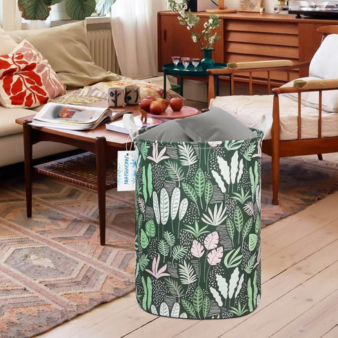 LANGYASHAN Laundry Basket - Canvas Fabric Collapsible Organizer for Storage Bin, Toy Bins, Gift Baskets (Round Leaf)