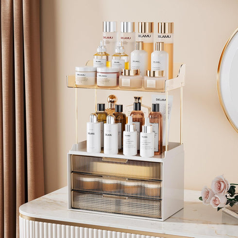 2 3 Countertop, Counter, Delamu Bathroom Organizers and Storage, Tier Drawer Makeup Organizer Easy to Install, Ideal