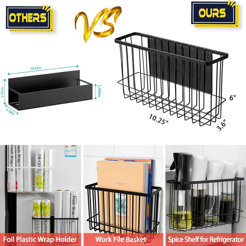 Magnetic Basket Organizer Shelf Rack for Refrigerator, Office File, Plastic Food Wrap Holder with Hooks, Black