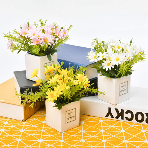 AIFUSI Artificial Flowers, Mini Silky White Daisy Decor in Vase for Home Indoor Centerpiece