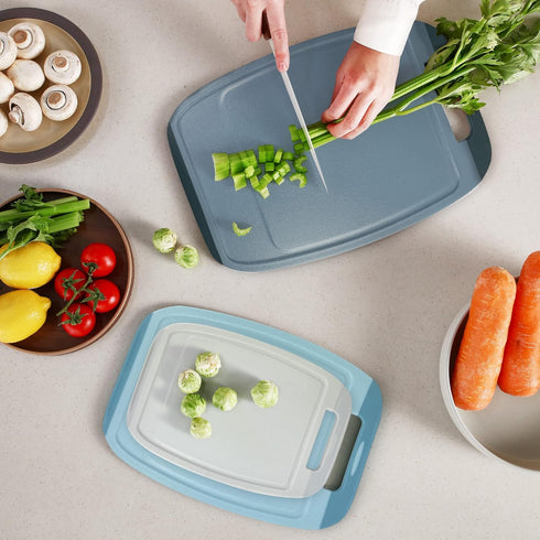 Neoflam Microban Antimicrobial Plastic Cutting Board Set - 3 Sets, BPA Free, Non-Slip Handle, Blue Gray