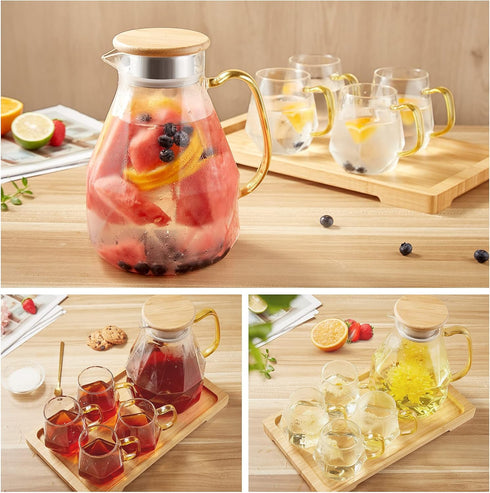 Set (68 oz) 4 1 DUJUST Glass Pitcher with Cups & Tray, Elegant Diamond Design Water Pitcher with Handle, High