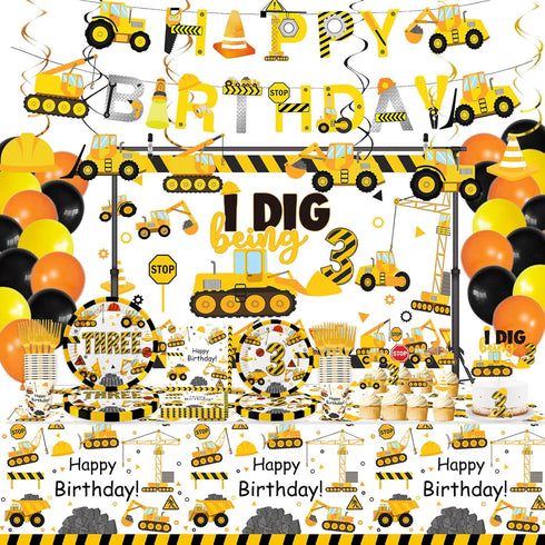 Wedec 178 Pcs Construction 3rd Birthday Party Supplies, Dump Truck Three Years Old