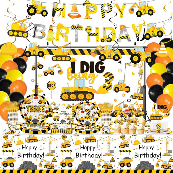 Wedec 178 Pcs Construction 3rd Birthday Party Supplies, Dump Truck Three Years Old