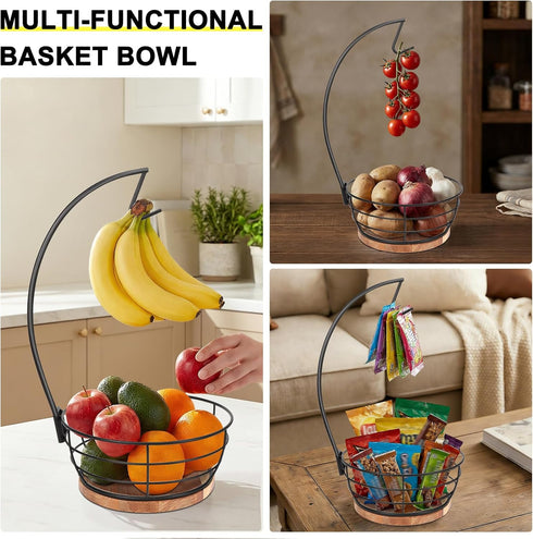 Countertop Livabber Fruit Basket Bowl with Banana Hanger, Modern Standing Fruit Vegetable Bowl Storage, with Banana