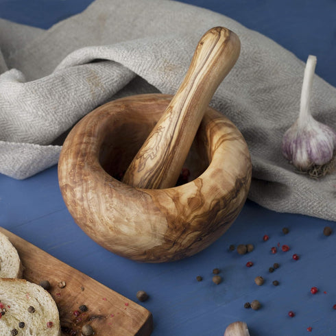 Set Forest Decor Olivewood Mortar and Pestle - Premium Wood Herb and Spice Grinder - Essential Kitchen Accessories