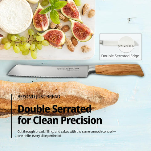 WICKWILLOW 8 Inch 14C28N Bread Knife Steel with Italian Olive Wood Handle Double Serrated Knife for Sourdough