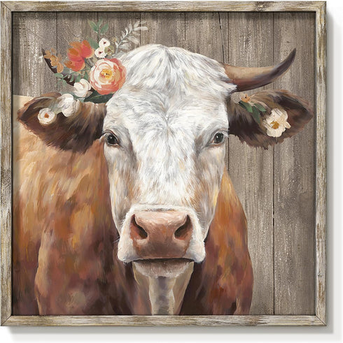 Cattle Framed Wall Art Decor, Rustic Farmhouse Cow Animal Painting with Wildflowers Artwork for House