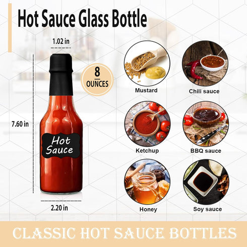 MEM WORLDSHOP (woozy) 8.5 oz (6 Pack) Clear Glass Hot Sauce Bottle with Black Cap and Orifice Reducer - - Empty Wine