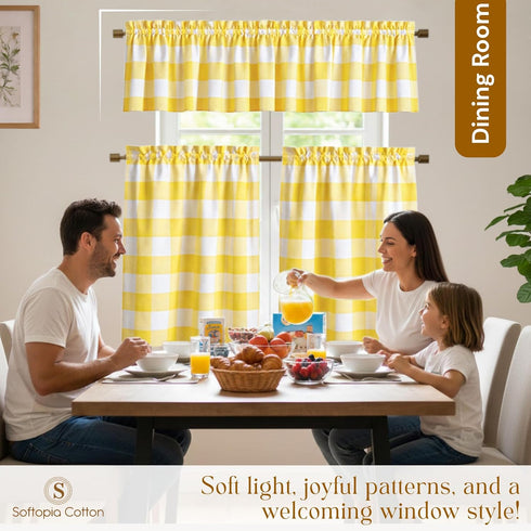 3 Set, 2 26x36 Inch 54x18 Inch, Native Fab Buffalo Check Short Window Curtains, Piece Tier and Valance Tiers