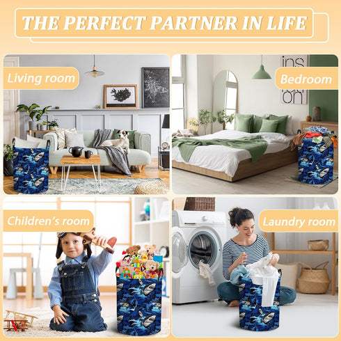 Blue Shark Foldable Laundry Basket, Waterproof Oxford Cloth, Funny Tote Bag for Dirty Clothes, 15.7"x19.6"