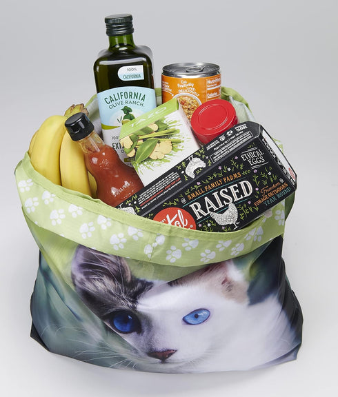 O-WITZ Reusable Grocery Bags, Vibrant Tote Bag for Groceries, Washable Design with Large Handles, Cat Blue