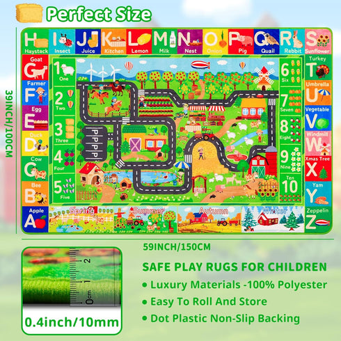Mfmiudole 59"39.4" Kids Rug ABC Farm Play Mat for Toy Cars, Farm Life Road Traffic for Playroom Kids Car Road Rugs