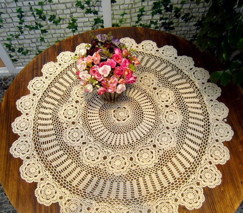 Damanni Beige Cotton Handmade Crochet Lace Tablecloth Doilies, Round, 35 Inch