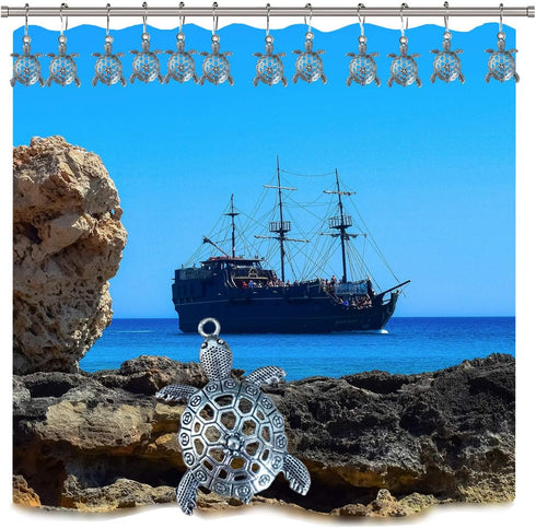 Sea Turtles Shower Curtain Hooks - Silver Metal Rust Proof Clips for Bathroom Accessories Set