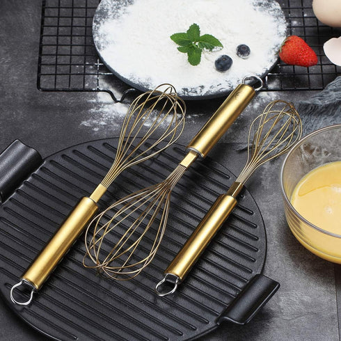 Berglander Gold Whisk Pack of 3 - Stainless Steel 8", 10", 12", Titanium Plating Gold Whisks for Cooking, Beater, Wire
