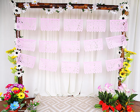 Mexican Banner Flags Light Pink Papel Picado - Over 60 feet Long Pastel Pink Tissue Paper Garland for Weddings,