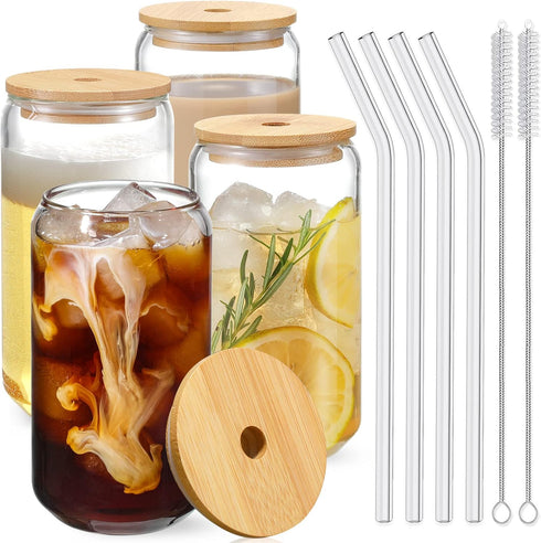 4pcs Set Drinking Glasses with Bamboo Lids & Glass Straws - 16oz Can Shaped Cups, Ideal for Beer, Iced Coffee,