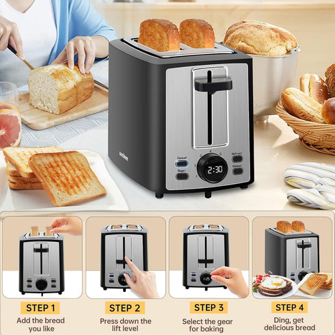SEEDEEM 2 Slice Toaster with LCD Display - 7 Shade Settings, Extra Wide Slots, Removable Crumb Tray, Carbon Black