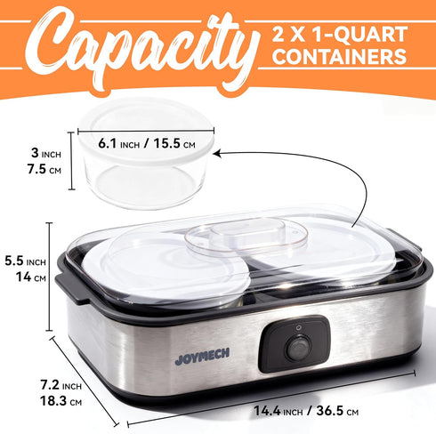 JoyMech 1-Quart Yogurt Maker Machine with Two Containers for Larger Batches, Oatmeal, Pudding, or Jello, Food-Grade