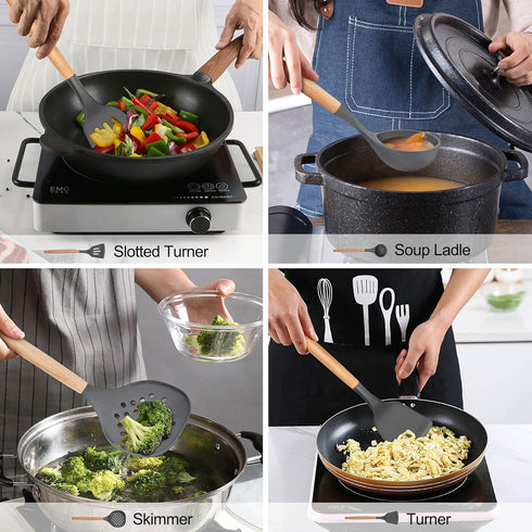 LIANYU 15-Piece Kitchen Silicone Cooking Utensils Set with Holder, Wooden Handle Tools in Black Gray