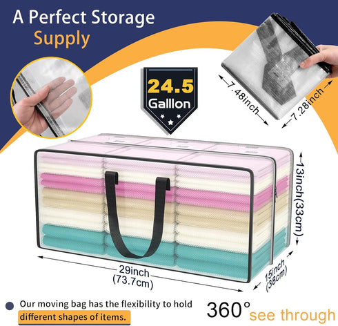 Clear Storage Bags with Zipper, 2 Pack Large Moving Bags Heavy Duty Extra Large, Plastic Storage Totes for Clothes, College dorm Packing Bags with Strong Handles by Acnusik
