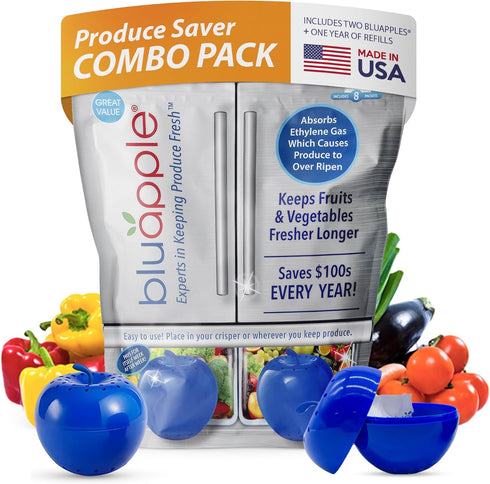 Bluapple Ethylene Gas Absorber Produce Saver Combo Pack, 8 Packets and 2 Bluapples, Keeps Fruits Fresh