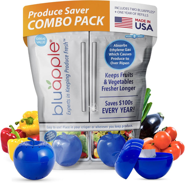 Bluapple Ethylene Gas Absorber Produce Saver Combo Pack, 8 Packets and 2 Bluapples, Keeps Fruits Fresh
