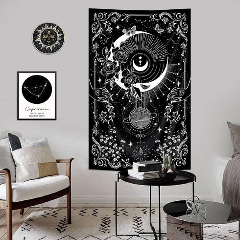 Riyidecor Gothic Vertical Tapestry, Wiccan Witch Wall Hanging Moon Tarot 30Wx50H Inch, Black White Aesthetic Decor