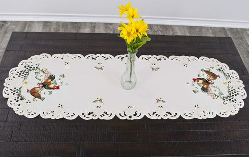 Country (15Wx54L) Embroidered Rooster Chic Lace Farmhouse Table Runner, Dresser Scarf, Coffee Table Runner