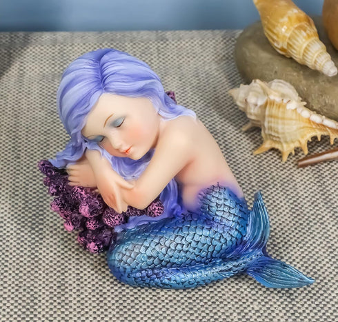 Ebros Under The Sea Blue Child Mermaid Sleeping On Coral Statue, Enchansia Mergirl Decorative Figurine