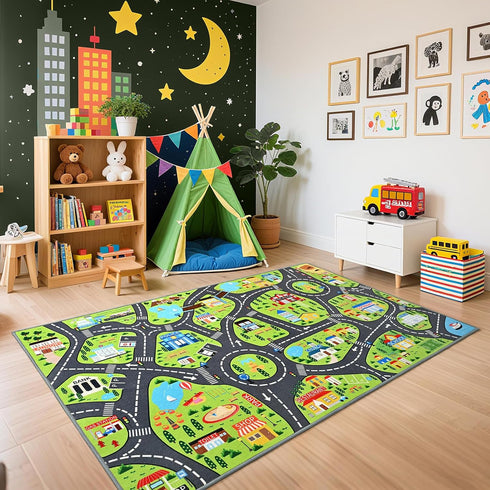Kids Car Play Rugs - 36"x60" Learning and Fun City Road Map