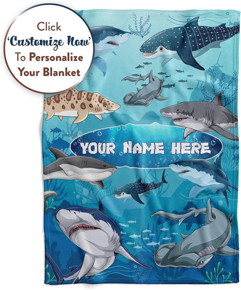 50x60) Personalized Shark Blanket for Kids - Ships Next Day and Made in USA - Soft Fleece Throw Bed, Cute Room Decor