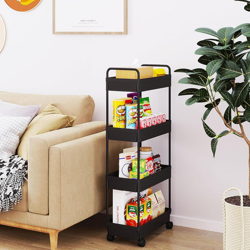 Buzowruil 4 Tier Rolling Storage Cart, Mobile Shelving Unit with Wheels for Kitchen Bathroom Laundry, Black