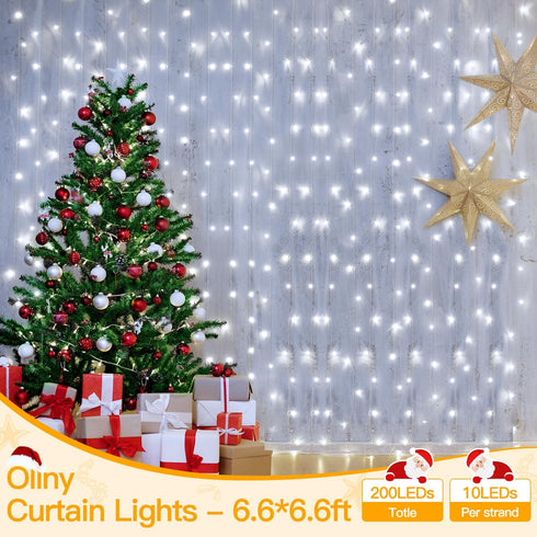 Ollny Curtain Lights 6.6x6.6ft, 200 LED White String Lights with Remote, USB Power Fairy Light for Wedding Decor