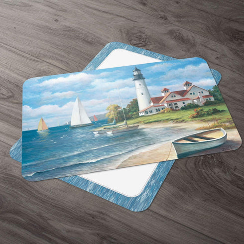 Counterart Set 4 Lighthouse Mural Reversible Easy Care Plastic Placemat of Made in The USA