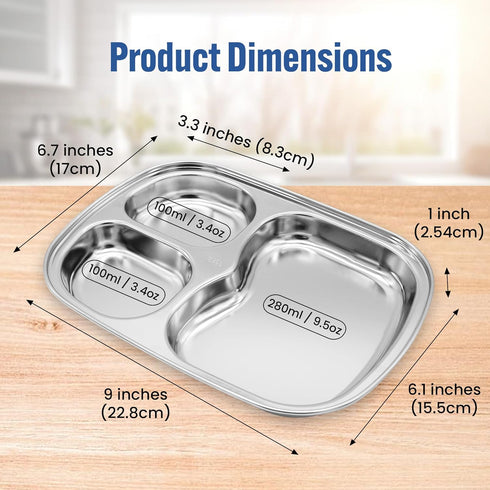 Korean Stainless Steel Divided Plates, Kids Tray, BPA Free 3 Compartment Plate, Set of 2 Silver