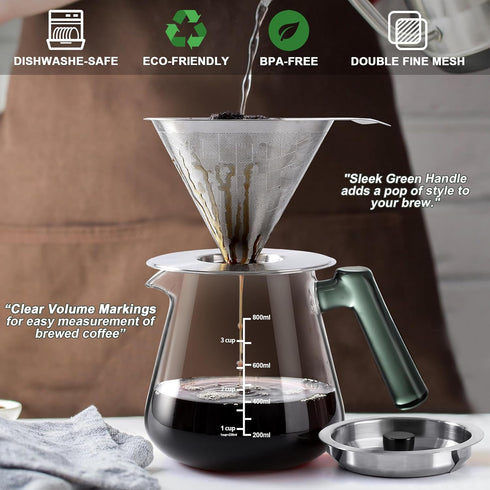 Aquach Pour Over Coffee Maker, 828ml (28oz) Glass Coffee Server, Paperless Dripper, Stainless Steel Set