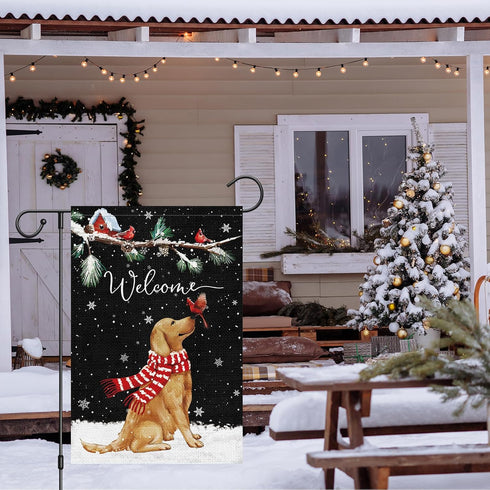 Welcome Winter Garden Flag 12x18 Inch Double Sided Burlap Golden Retriever Cardinal Yard Flags for Seasonal Christmas