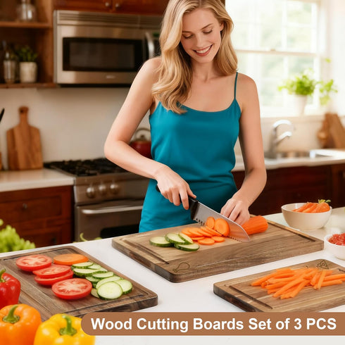 Amitlimate Set 3 Acacia Wood Cutting Board for Kitchen,Built-In Handles with Juice Groove Chopping,Large Medium Small