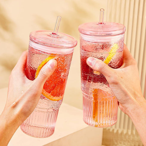 JunVpic Straws,24oz Glass Cups with Lids and Glass Tumbler with Handle Iced Coffee Cup