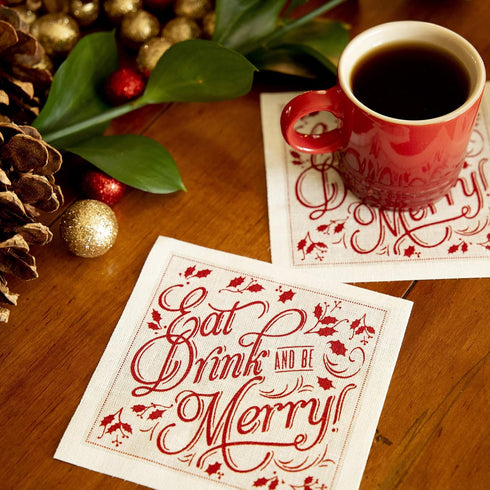 Five Star Napkins Eat Drink & Be Merry Christmas Cocktail Napkins, White Linen, 4.5" x 4.5" (50 x)