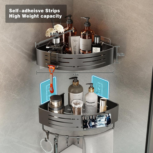 2 Pack Voldra Corner Shower Shelves, Aluminum Stick On Showers Organizer, Modern Style, Triangular Corner Shelf, No