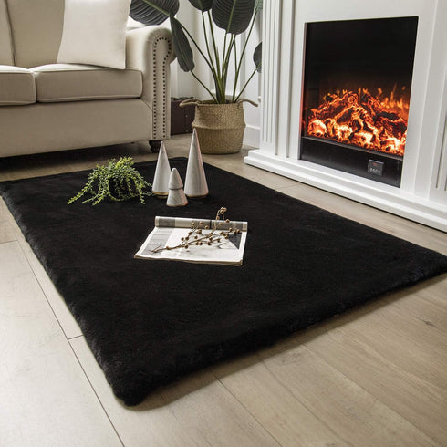 Ashler Faux Fur Rug, Ultra Soft Faux Rabbit Fur, Black Area Rugs,