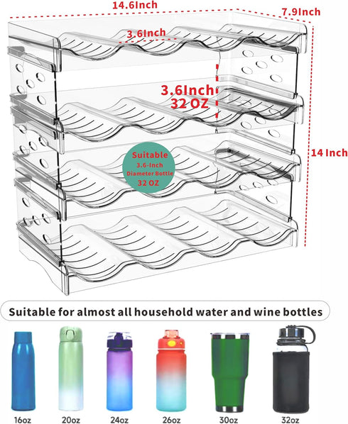 Clear Water Bottle Organizer,Stackable Bottle Storage Rack,4 Pack Wine and Tumbler Water Bottle Holder for Cabinet Organization and Storage,Plastic Wine Display/Drink Bottle Holder for Refrigerator by Yieach