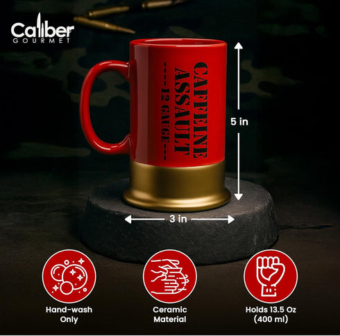Caliber Gourmet 12-Gauge Shotgun Shell Mug – Bold Red Ceramic Coffee Mug, Unique Gift for Hunters & Collectors