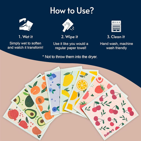8 Pack Eulnars Swedish Dishcloths for Kitchen, Fruit Swedish Dishcloths, Reusable Paper Towels Washable, Biodegradable